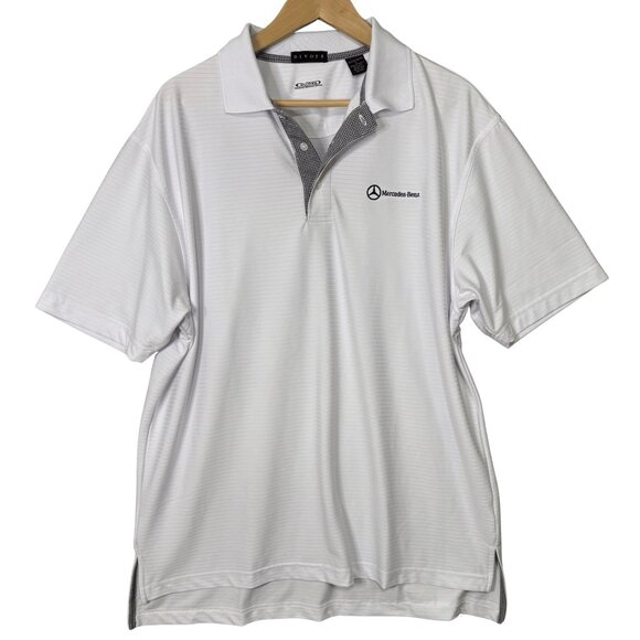 Divots Men Striped Golf Polo Shirt Mercedes Benz Embroidered Logo Sz Large White - Picture 1 of 7
